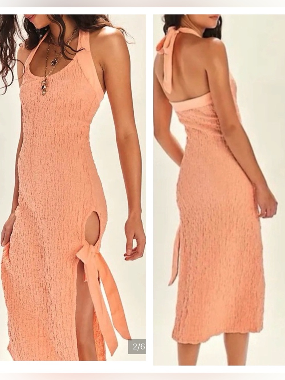 FREE PEOPLE SEAFOAM TEXTURED MIDI HALTER DRESS PEACH MEDIUM - Picture 1 of 5